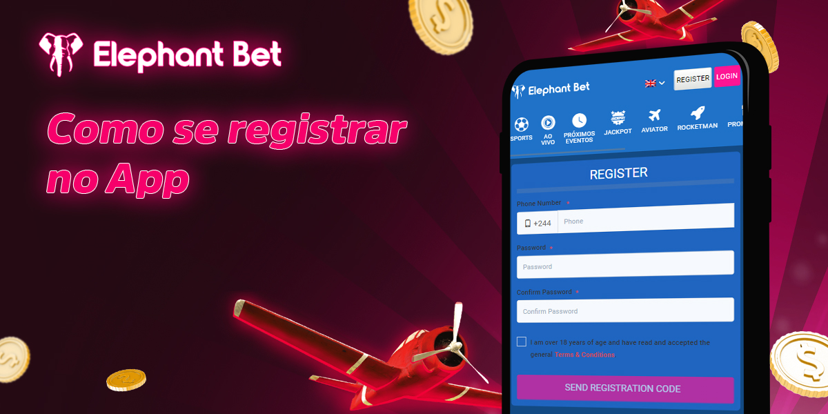 Instruções para registar uma nova conta na aplicação Elephant Bet